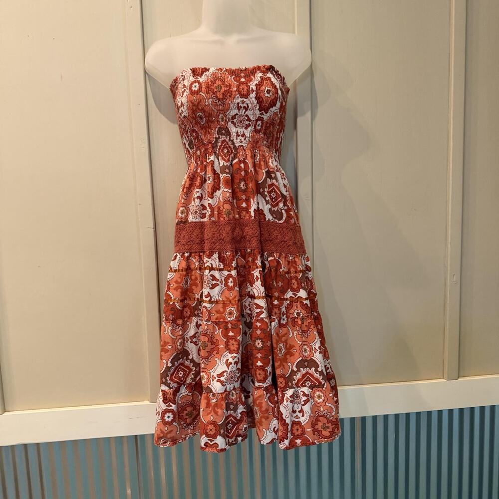 Dress Womens Medium Orange Paisley Strapless Smocked Boho Cotton Sundress